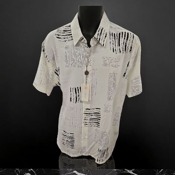 BAGAZIO MEN'S PURE WHITE/BLACK SHORT SLEEVE FASHION ABSTRACT SHIRT.BM2303. - Picture 1 of 9